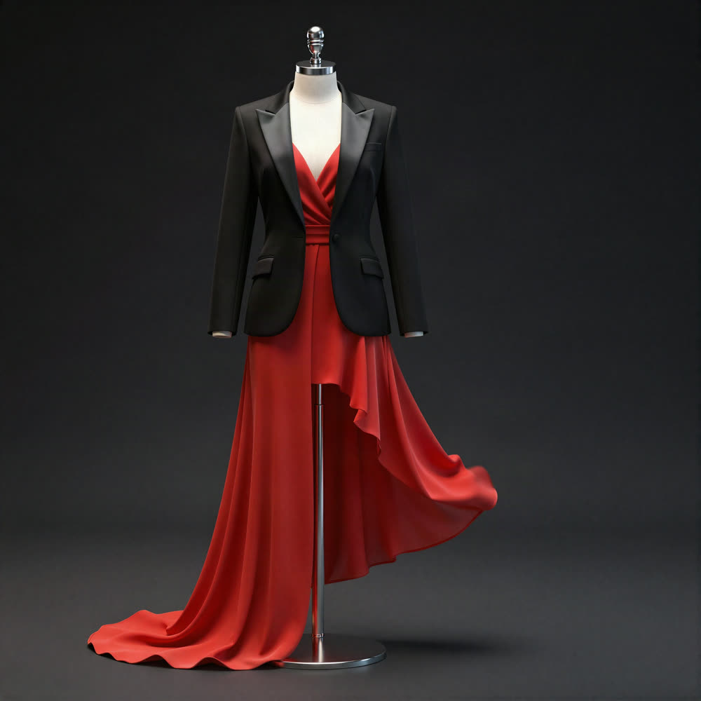Saco negro y vestido rojo en maniquí