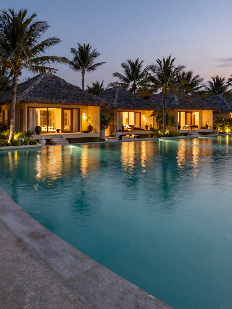 Alberca infinita de un resort al atardecer