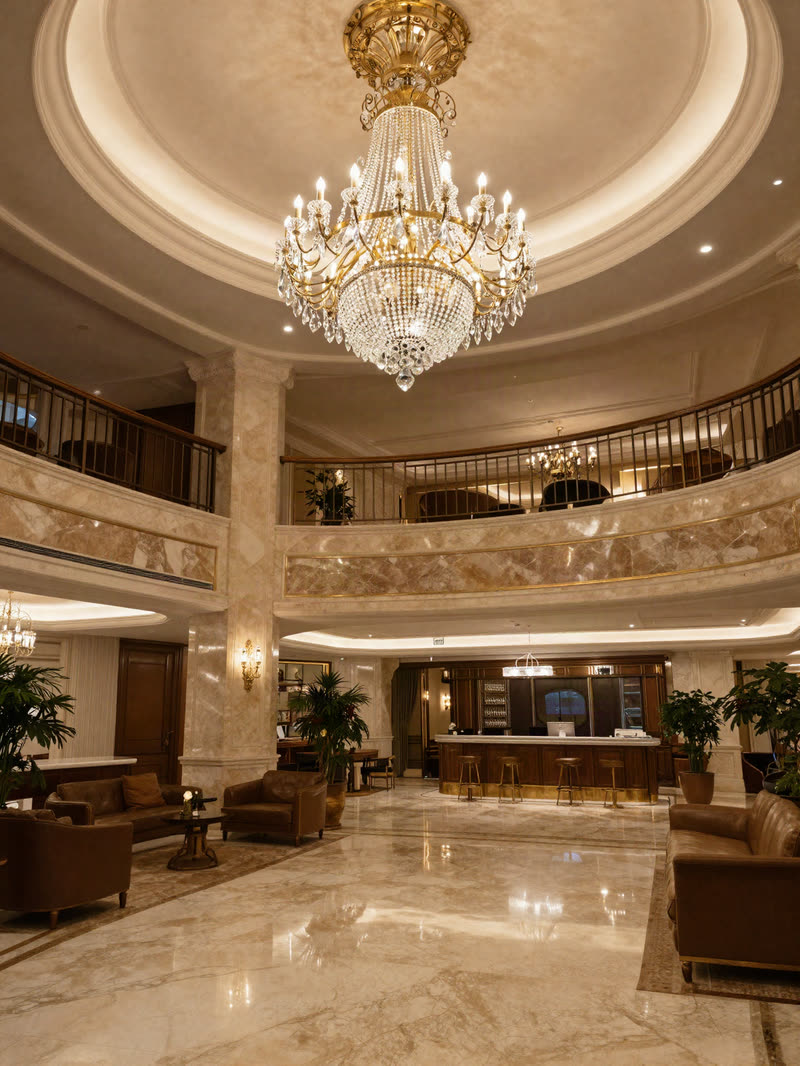 Lobby elegante con candil de cristal