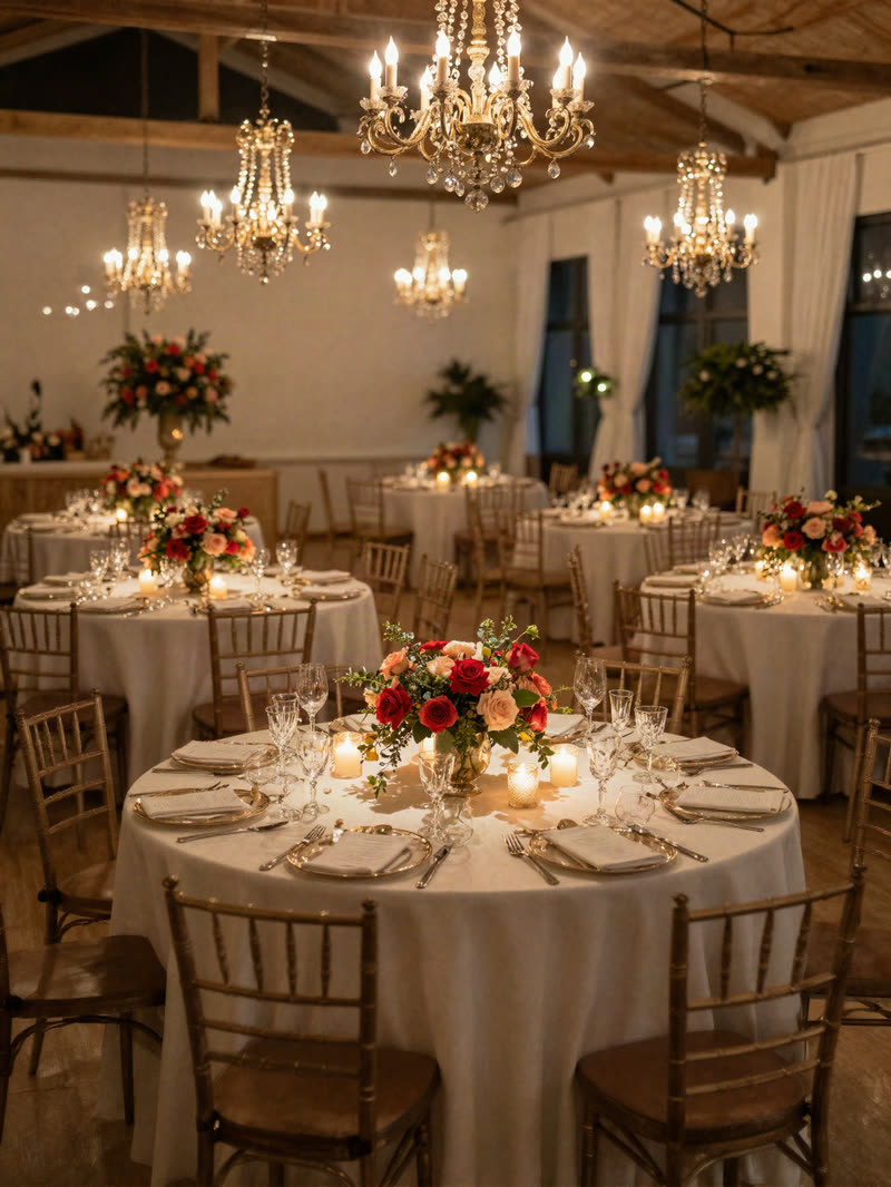 Salón de eventos con mesas redondas, velas y candiles